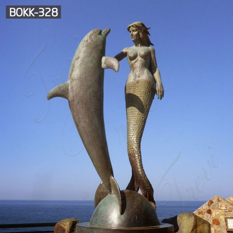 Antique Bronze Mermaid Statue with Dolphin Outdoor Decor for Sale BOKK-328